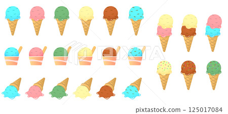 Illustration set of various flavors of ice cream (cones, cups) 125017084