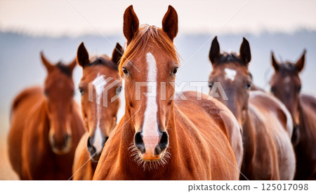 horse in the field, a herd of five curious Thoroughbred mares, all looking directly at the camera with gentle expressions against a soft, herd of thoroughbreds, horse herd portrait 125017098