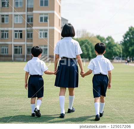 三個兄弟姊妹穿制服的背影 125017206