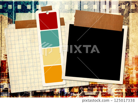 Grunge background with photo and swatch color strip fixed adhesive tape. Horizontal retro template collage with photoframe. Moodboard pictures album for scrapbooking. Vintage style mood board layout 125017338