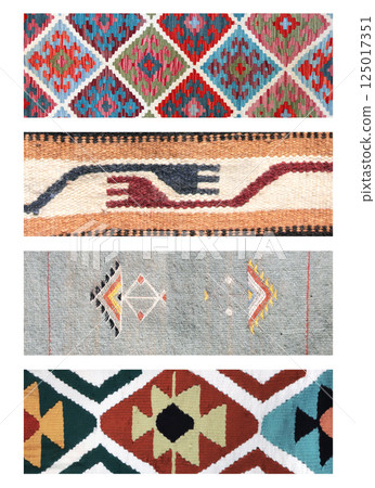 Set of vertical or horizontal banners with textures of berber traditional wool carpet with geometric pattern, Morocco, Africa. Handmade carpets collection 125017351