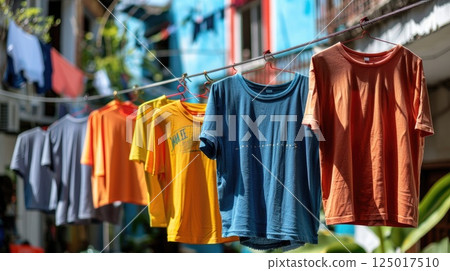 Hanging t-shirts on line. Generative AI 125017510