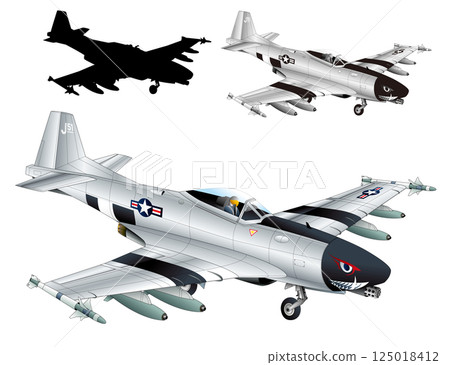 Original illustration of a retro US military P-51 Mustang transformed into a modern light jet fighter Original illustration of a retro US military P-51 Mustang transformed into a modern light jet fighter 125018412