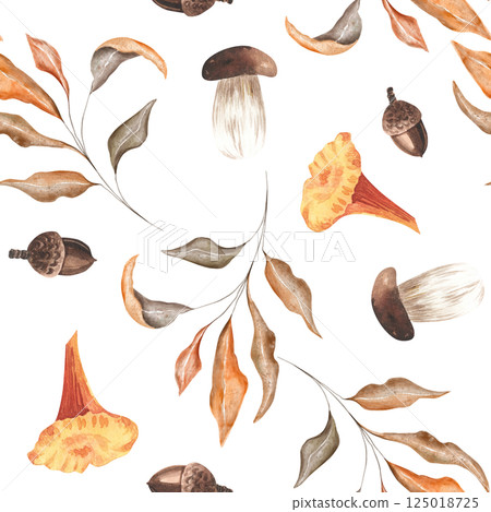 Seamless pattern watercolor hand drawn with acorns, mushrooms and autumn leaves. Ideal for wallpaper, gift paper, pattern fill, web page background, autumn greeting cards. Seamless pattern watercolor hand drawn with acorns, mushrooms and autumn leaves. Ideal for wallpaper, gift paper, pattern fill, web page background, autumn greeting cards. 125018725
