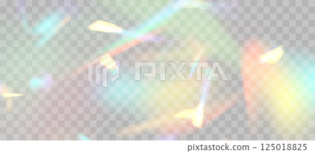 Blurred rainbow refraction overlay effect. Light lens prism effect on transparent background. Holographic reflection, crystal flare leak shadow overlay. Vector abstract illustration. 125018825