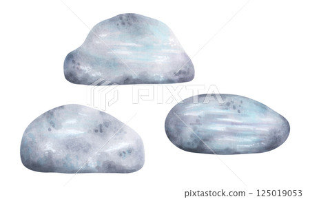 Sea stones set. Pebbles for ocean landscape design. Watercolor and marker illustration. Stone clipart for landscape design and nature scenes. Hand drawn isolated art. Geological minerals drawing. 125019053