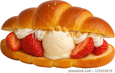 Freshly baked Shio Pan bread with strawberries and ice cream 125019079