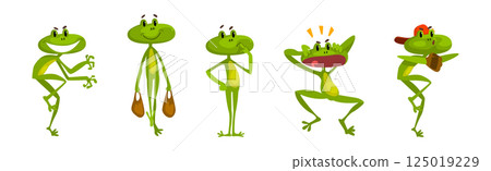 Cute Green Frog Croaking and Leaping Animal Vector Set Cute Green Frog Croaking and Leaping Animal Vector Set 125019229