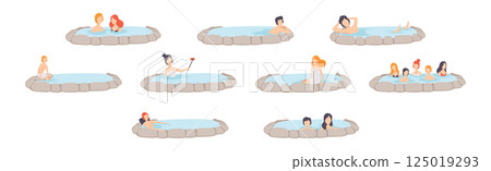 People Character Relaxing in Spring Thermal Pool or Bath Vector Set 125019293