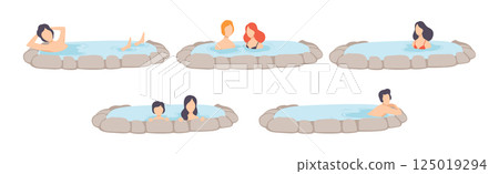People Character Relaxing in Spring Thermal Pool or Bath Vector Set 125019294