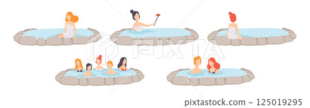 People Character Relaxing in Spring Thermal Pool or Bath Vector Set 125019295