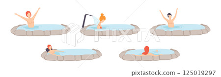 People Character Relaxing in Spring Thermal Pool or Bath Vector Set 125019297