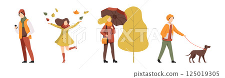 People Character in Autumn Walking Outdoor Vector Set 125019305
