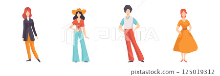 Young Man and Woman Wearing Vintage Retro Clothing Vector Set 125019312