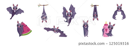 Funny Bat Flying Character with Fangs and Wing Vector Set 125019316