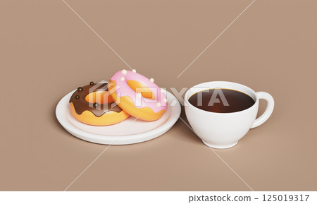 Breakfast  Coffee and Two Donuts with Chocolate Flake Icon. 3D Rendering. 125019317