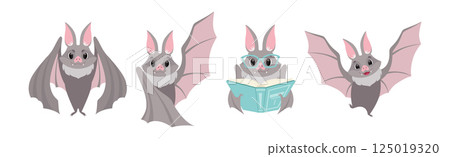Funny Bat Flying Character with Fangs and Wing Vector Set 125019320