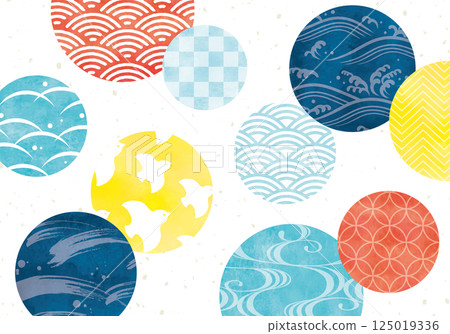圓圈中的波浪圖案流行日本圖案水彩 125019336