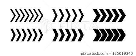 Chevron arrow patterns set. Chevron shape line. Motion direction road line. Triangle arrow sign. Warning repeat striped. Swipe icon. Design element. Vector illustration isolated on white background Chevron arrow patterns set. Chevron shape line. Motion direction road line. Triangle arrow sign. Warning repeat striped. Swipe icon. Design element. Vector illustration isolated on white background 125019340