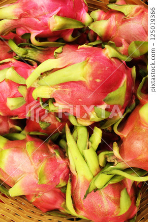 pitahaya dragon fruit in a wicker basket. Vertical Photo pitahaya dragon fruit in a wicker basket. Vertical Photo 125019366