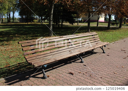 Long large park bench on a sunny day. Arrangement of parks Long large park bench on a sunny day. Arrangement of parks 125019406