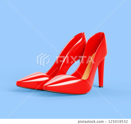 3d women red high heel shoes render. Elegant scarlet pointed toe stiletto for office, party or wedding. Realistic classic girl patent leather shoes. Isolated fashion female footwear. 3D illustration 125019532