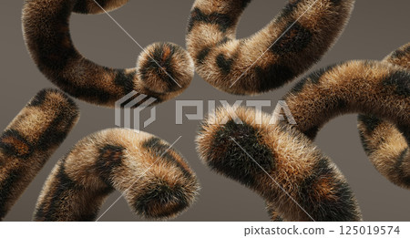 3d abstract fluffy geometric shapes with leopard skin texture and spotted pattern flying on brown background. Cheetah fur figures, hairy ring, line with wild african cat print render. 3D illustration 3d abstract fluffy geometric shapes with leopard skin texture and spotted pattern flying on brown background. Cheetah fur figures, hairy ring, line with wild african cat print render. 3D illustration 125019574