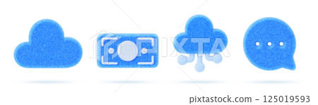 3d set of blue fur fluffy ui icon for web design. Cloud data storage, money banknote, ai cloud and speech bubble render. Digital technology, business and finance, communication. 3D illustration 125019593