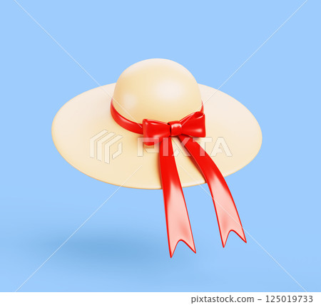 3d summer beach women hat with red ribbon and bow render. Elegant beige headwear for sea vacation or travel. Fashion accessory isolated on blue background, stylish protection from sun. 3D illustration 125019733