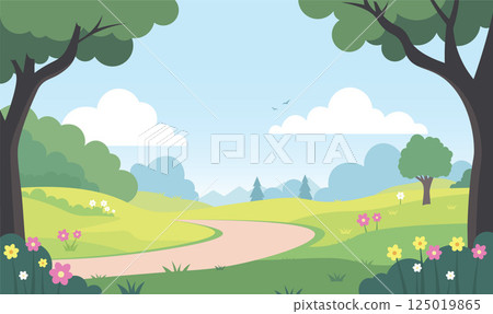 Road in the Park Garden Nature Landscape with Flowers Plant Tree in Summer 125019865