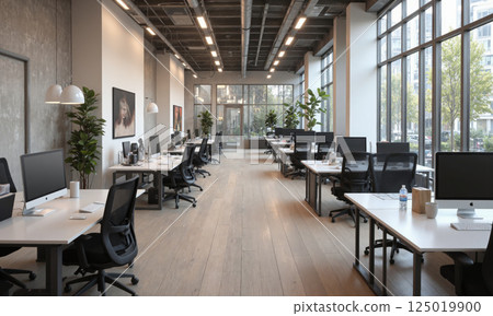 Modern shared office with standing desks, minimalist design, and bright task lighting. Task lighting focuses on each workstation, while ambient lights from 125019900
