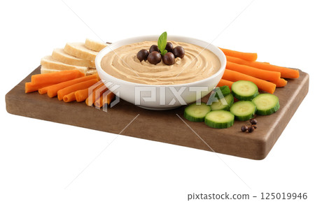 Mocha mousse-flavored hummus made from a coffee-infused blend of chickpeas, olive oil, and spices, served with pita bread and fresh 125019946