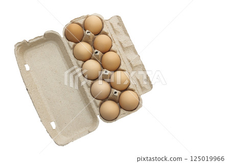 Light brown organic raw chicken eggs in package isolated on white background. 125019966