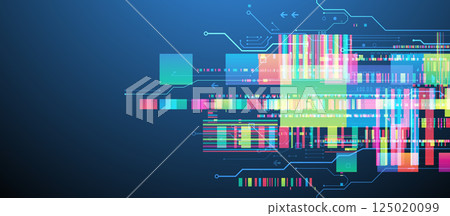 Technological background with colorful squares glowing on a blue gradient. 125020099