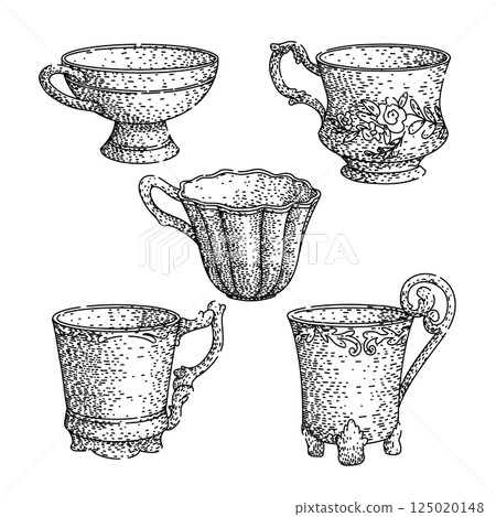 porcelain cup set sketch hand drawn vector 125020148