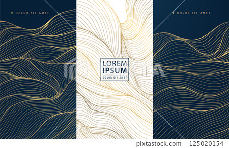 Vector set of line luxury gold labels, royal box package background, wine, wedding, perfume, jewelry design ornament. Wavy abstract art deco texture Vector set of line luxury gold labels, royal box package background, wine, wedding, perfume, jewelry design ornament. Wavy abstract art deco texture 125020154