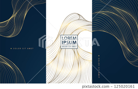 Vector set of line luxury gold labels, royal box package background, wine, wedding, perfume, jewelry design ornament. Wavy abstract art deco texture Vector set of line luxury gold labels, royal box package background, wine, wedding, perfume, jewelry design ornament. Wavy abstract art deco texture 125020161