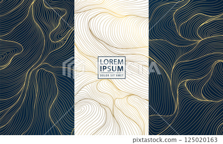 Vector set of line luxury gold labels, royal box package background, wine, wedding, perfume, jewelry design ornament. Wavy abstract art deco texture 125020163