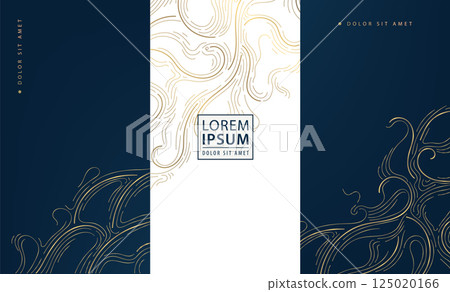 Vector set of line luxury gold labels, royal box package background, wine, wedding, perfume, jewelry design ornament. Wavy abstract art deco texture. 125020166