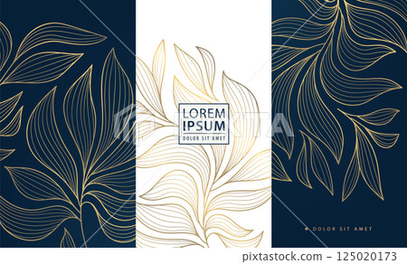 Vector set of gold luxury art deco backgrounds, nature fancy ornate pattern. Leaf floral wine, spa, beauty products, perfume, tea design. Vintage box elegant template. Vector set of gold luxury art deco backgrounds, nature fancy ornate pattern. Leaf floral wine, spa, beauty products, perfume, tea design. Vintage box elegant template. 125020173