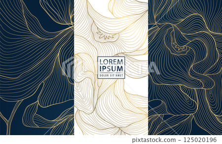 Vector set of gold art deco line floral labels, royal line flowers and leaves nature backgrounds. Wine package, box design, perfume, soap, cover design. Vector set of gold art deco line floral labels, royal line flowers and leaves nature backgrounds. Wine package, box design, perfume, soap, cover design. 125020196
