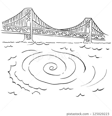 Tourism/Shikoku Tokushima Prefecture's famous spot "Onaruto Bridge and Naruto Whirlpools" _ Hand-drawn line drawing, monochrome illustration 125020223