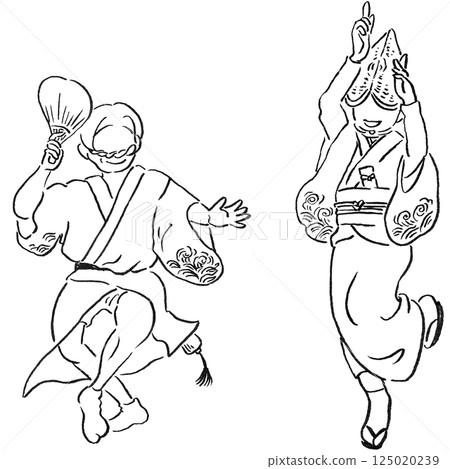 旅遊/四國德島縣阿波舞[手繪線描女性和男性舞者] set_monochrome 125020239
