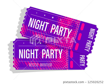 Realistic paper night party tickets. Perforated paper ticket for admission to music festival private party. Vector isolated on white background 125020252