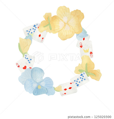 Watercolor wreath of yellow and blue pansies intertwined with playing cards. Soft, whimsical style ideal for birthday greetings and flyers and packages, invitations, greeting cards or events. 125020300