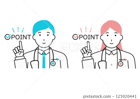 Illustration of a male and female doctor pointing at check marks and point letters Illustration of a male and female doctor pointing at check marks and point letters 125020441