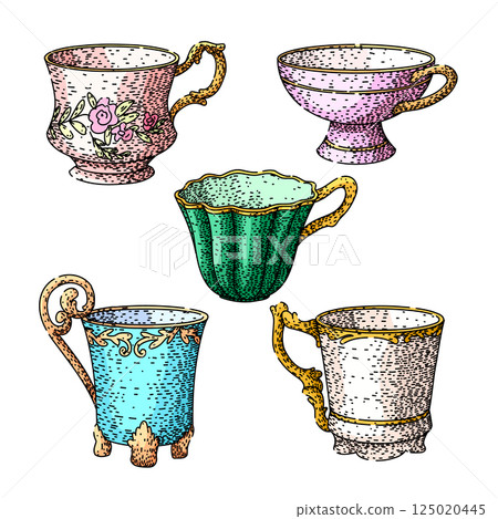 porcelain cup set sketch hand drawn vector 125020445