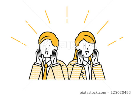 Illustration of a businessman and a businesswoman cheering by bringing their hands to their mouths Illustration of a businessman and a businesswoman cheering by bringing their hands to their mouths 125020493
