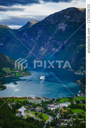 Fjord Geirangerfjord with cruise ship, Norway. 125020620