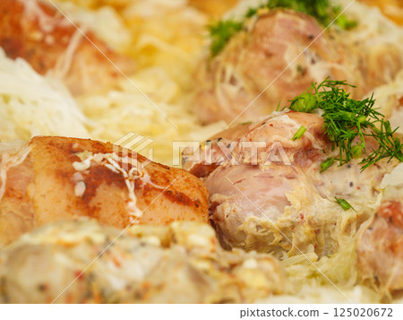 Many pork knuckle in big pot. Many pork knuckle in big pot. 125020672